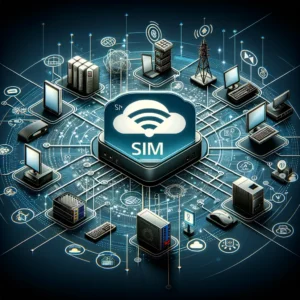 Illustration of a central SIM connectivity hub linking servers, computers, and network devices for MSP clients