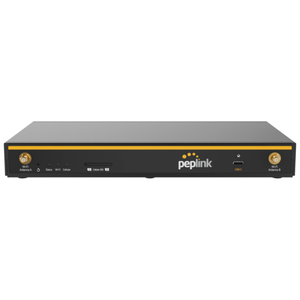 Peplink B One 5G cellular router front panel with SIM A/B slot and USB-C port