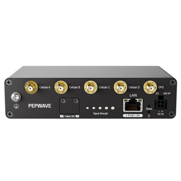 Peplink 5G Adapter front panel with Pepwave logo, four cellular SMA antenna ports, GPS port and PoE+ LAN port