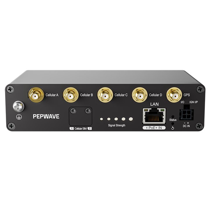 Peplink 5G Adapter front panel with Pepwave logo, four cellular SMA antenna ports, GPS port and PoE+ LAN port